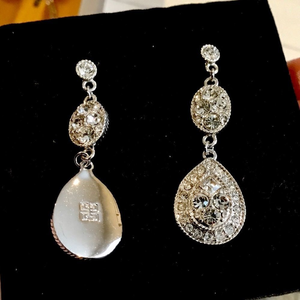 GIVENCHY PAVE SILVER TONE LINEAR TEARDROP EARRINGS - Picture 5 of 5